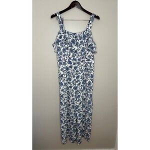 LOFT Women's Trellis Ruffle Wide Leg Jumpsuit Floral Print Blue White Size 14